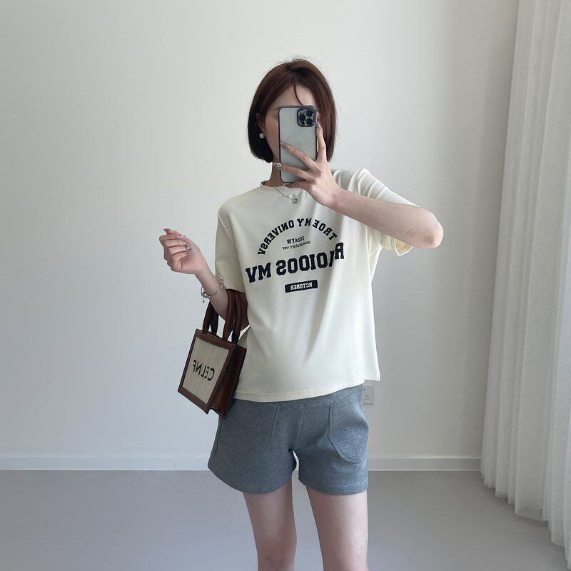 2024年春夏新款设计感印花字母弹力棉T孕妇装短款T恤上衣百搭