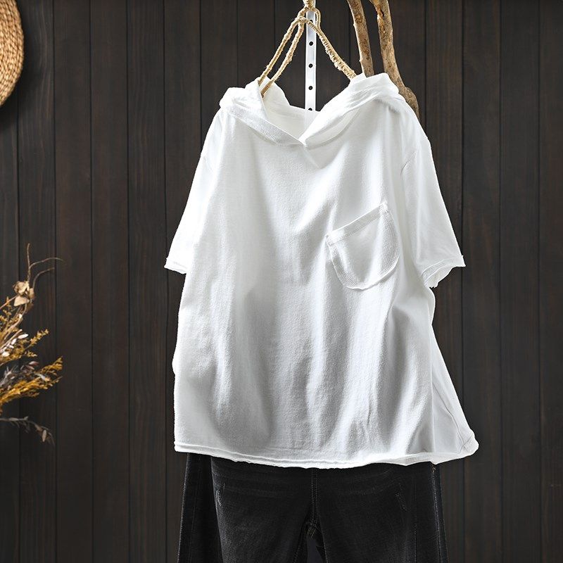 纯棉连帽短袖t恤女小个子2025新款夏设计感宽松大码休闲百搭上衣