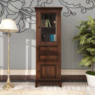 美式乡村单门酒柜实木收纳红酒展示整理柜复古客厅榆木装饰柜