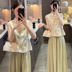 两件套阔腿裤 新款 马甲坎肩女夏复古文雅套装 国风立领盘扣无袖 中式