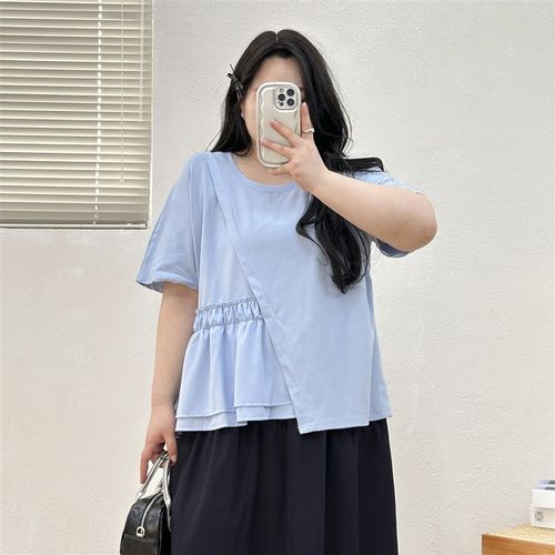 宛宛大尺码不规则正肩短袖t恤女夏季胖mm巨显瘦遮肚子修身圆领上