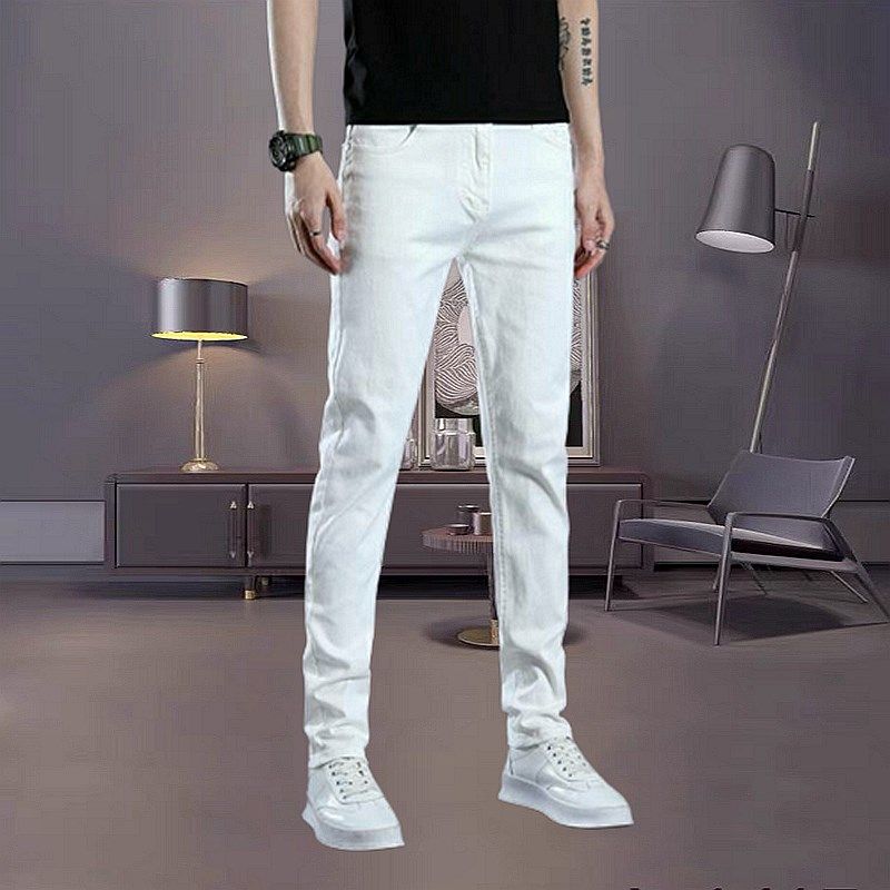 白色牛仔裤男装长裤修身小脚裤中腰直筒裤休闲弹力四季潮流裤子男