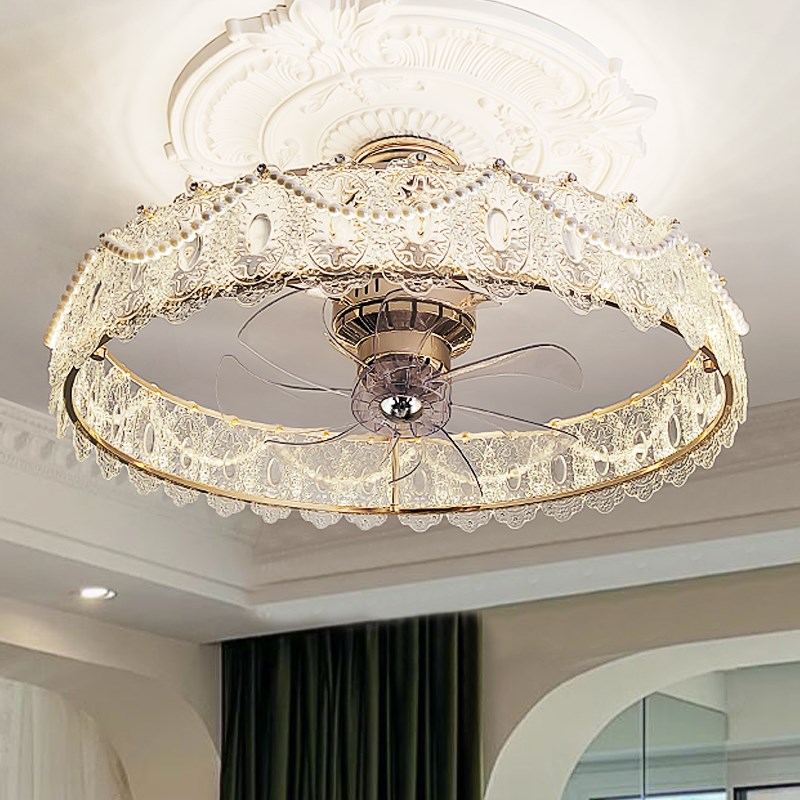 法式轻奢风扇灯客厅卧室一体吊扇房间灯创意奶油轻奢水晶餐厅吊灯