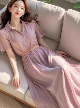 2025新款夏季今年流行的简单大方高级感紫色雪纺洋装子女装长裙