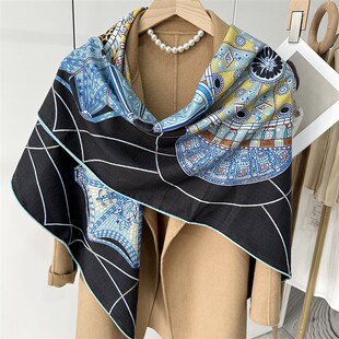 秋冬季新款真丝羊毛围巾女高级感黑色保暖厚款羊毛大方巾披肩