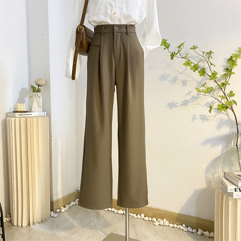 咖色西装裤女春秋高腰直筒宽松窄版阔腿裤垂感拖地裤显瘦休闲西裤