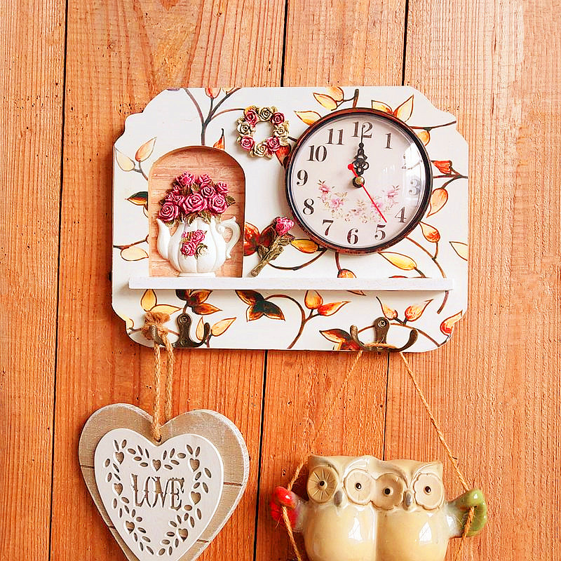 玄关入户挂钩钟表时钟欧式木质进门挂衣架衣帽钩房间装饰壁挂墙饰