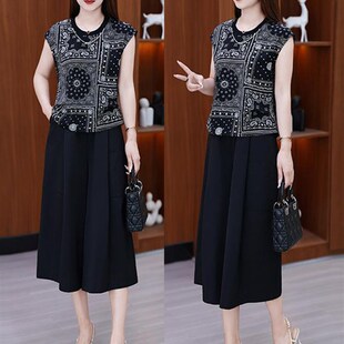 无袖 宽松减龄休闲套装 上衣七分阔腿裤 新款 两件套女士2025夏季 时尚