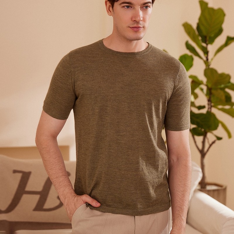 精纺薄款纯羊绒衫短袖T恤男秋冬新款圆领半袖针织宽松打底体恤衫