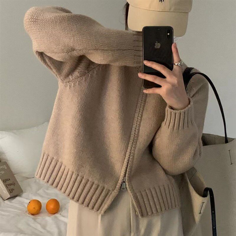 双拉链短款桔色毛衣外套女2023秋冬新款加厚针织夹克修身短款上衣