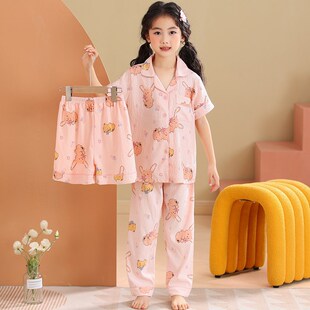 长裤 三件套女童睡衣2025新款 短袖 薄款 儿童女孩春秋女童家居服 夏季