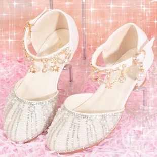 女童水钻单鞋 水晶童鞋 新款 小孩礼服珍珠高跟皮鞋 子 软底女鞋 公主鞋