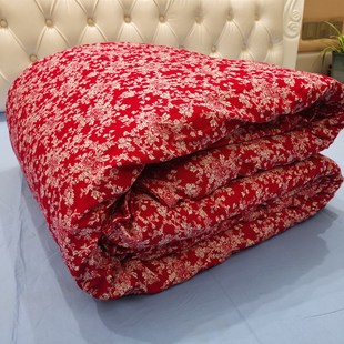 饭店民宿家用喜庆全棉鲜暗红色细斜纹松叶印花被子四件套床单枕头
