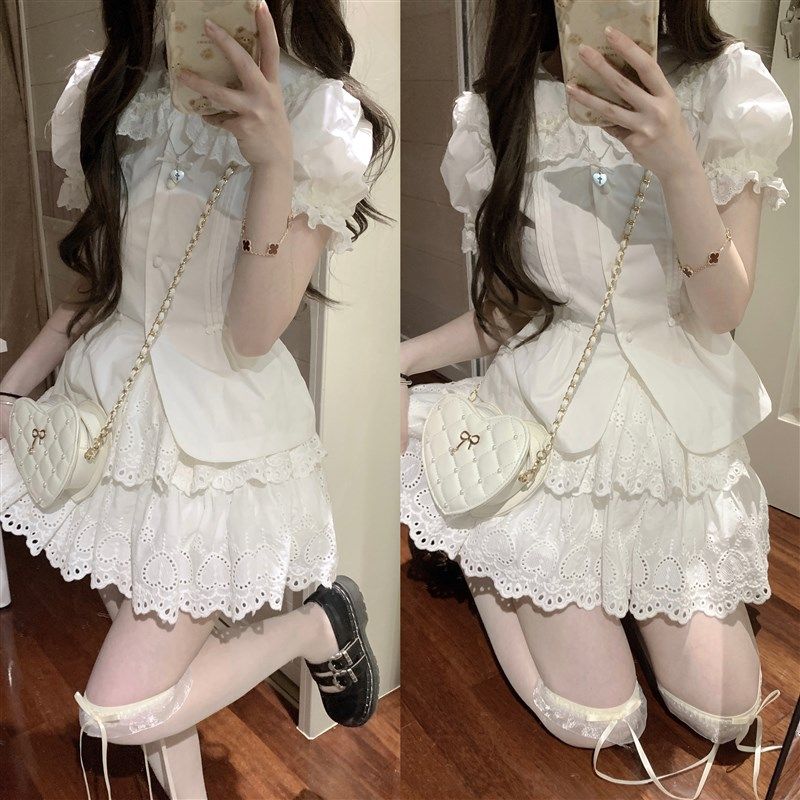 鹿屿法式复古芭蕾风纯棉蕾丝拼接蛋糕裙白色棉布蕾丝裙撑半身裙