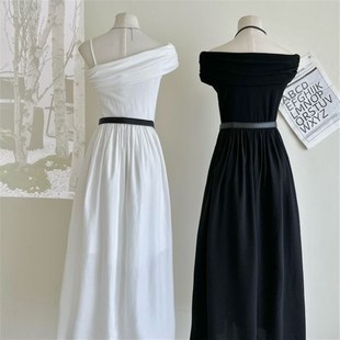 法式赫本风白色气质感高级感一字肩吊带连衣裙女收腰长裙