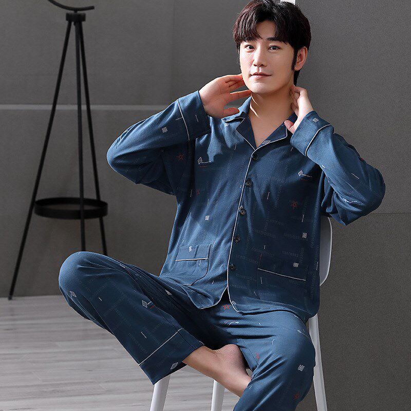 男款睡衣秋季简约棉质长袖休闲舒适睡衣男开衫纯色舒适家居服套装