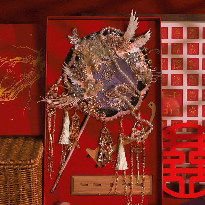 紫色团扇结婚新娘diy材料包中式出嫁手捧花双面婚扇成品婚礼喜扇