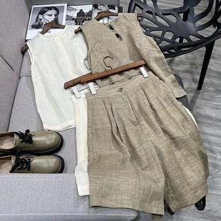 复古宽松无袖 新款 上衣背心高腰A字短裤 女套装 夏 中裤 亚麻轻薄透气