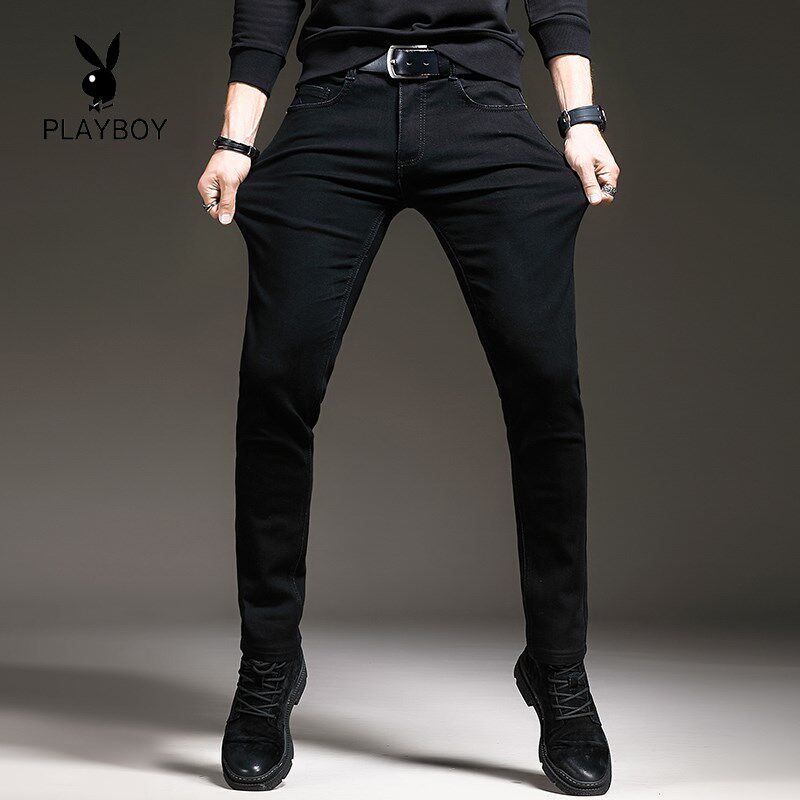 男士牛仔裤秋冬厚款弹力修身小脚裤百搭春秋纯黑色休闲长裤子收腿