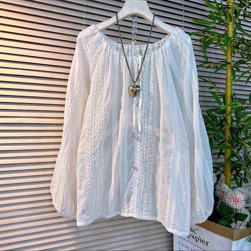 韩版灯笼袖娃娃衫遮肉胖M大码女装2024早秋新款提花刺绣防晒上衣