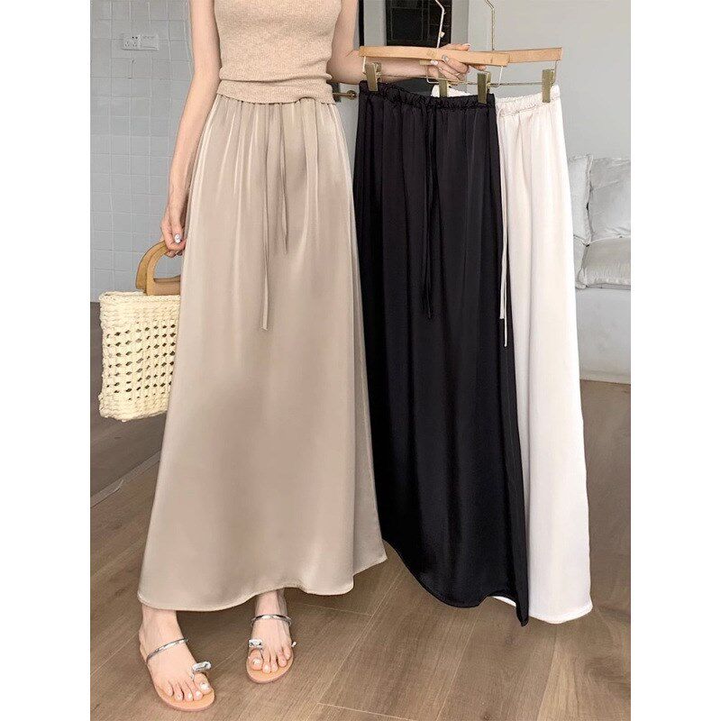 高级感醋酸缎面半身裙女夏季中长款高腰显瘦垂感a字气质大摆长裙