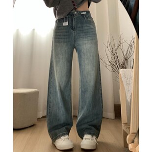 阔腿裤 复古蓝直筒牛仔裤 胖妹妹mm显瘦梨型身材高腰窄版 新款 女春季