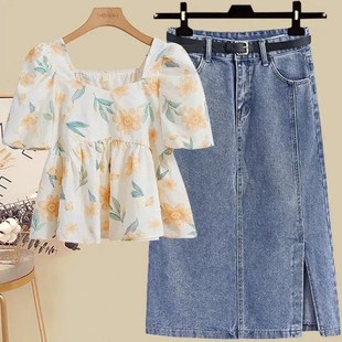 甜美碎花上衣半身裙减龄两件套 裙女新款 小个子夏装 牛仔职业套装