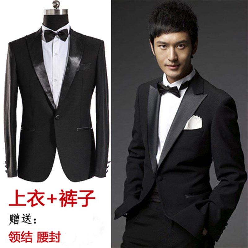黑白色西服套装结婚伴郎服晚宴会主持人礼服男舞台大合唱演出西装