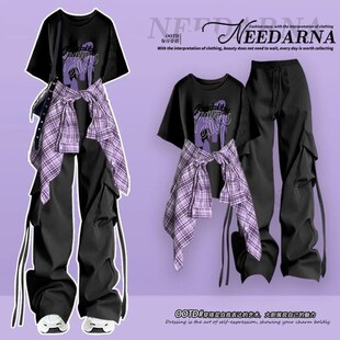 裤 韩系衬衫 工装 一整套紫色系多巴胺穿搭又酷又飒套装 2025超火夏装