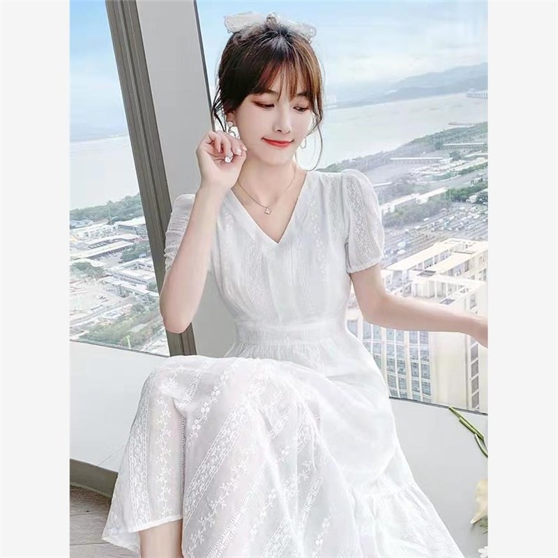 2025夏季新款法式纯棉气质长裙泡泡袖短袖裙子仙女显瘦白色连衣裙