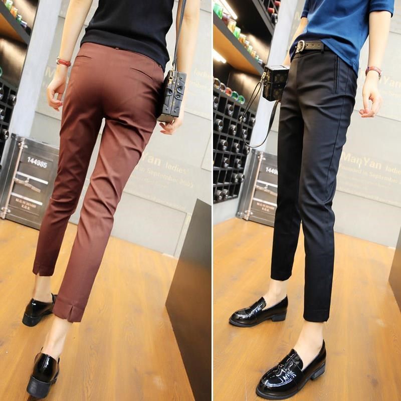 黑色西装裤女春秋薄款九分小脚直筒开叉八分小个子烟管休闲长裤子