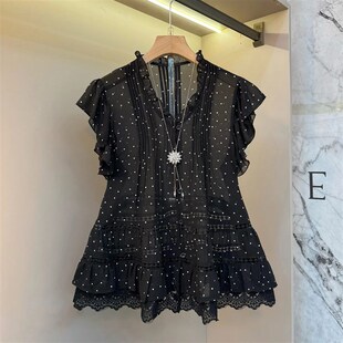 款 宽松遮肚子夏季 百搭减龄小 女装 加肥V领拼接蕾丝底摆上衣大尺码