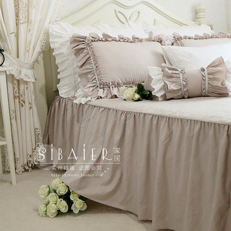 欧式简约卡其色纯棉裙式单双人100%全棉单件床裙床单床罩