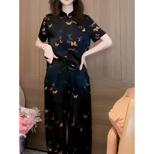 上衣休闲长裤 复古优雅套装 气质印花短袖 新款 显瘦两件套 女2025夏季