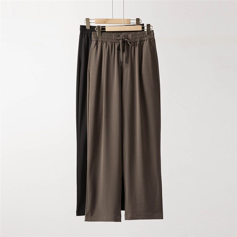 复古棕色垂感宽松直筒西裤男 夏季高级感斜纹垂坠丝滑抽绳西装裤