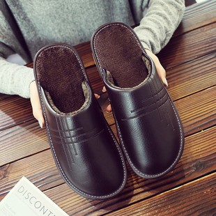 男女士 情侣居家室内厚底防水加绒保暖皮面棉拖鞋 秋冬季 家用皮拖鞋