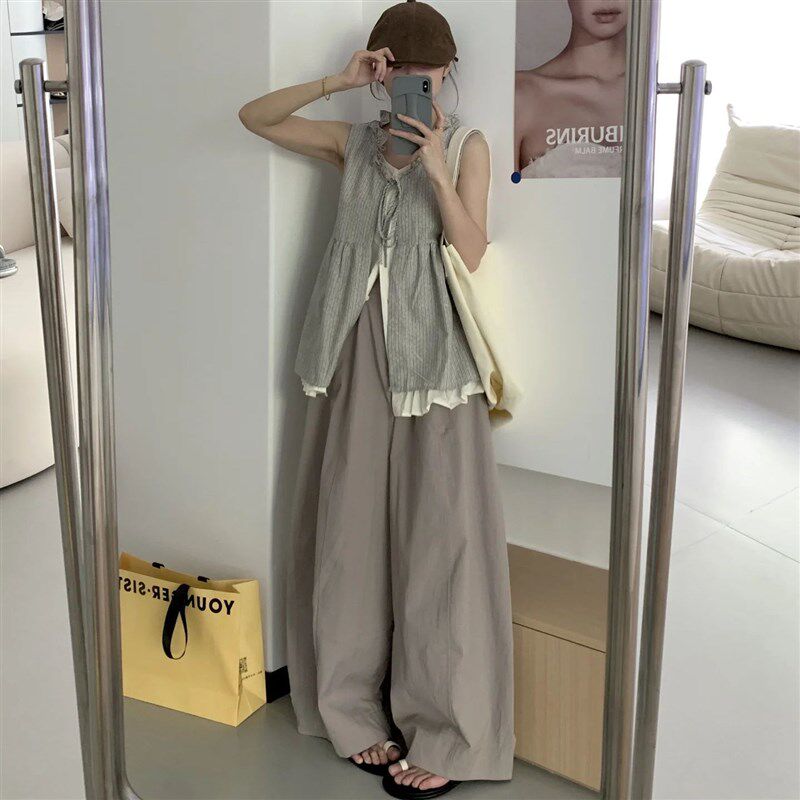 古早日杂风套装女夏假两件木耳边无袖上衣背心阔腿裤一整套巨好看