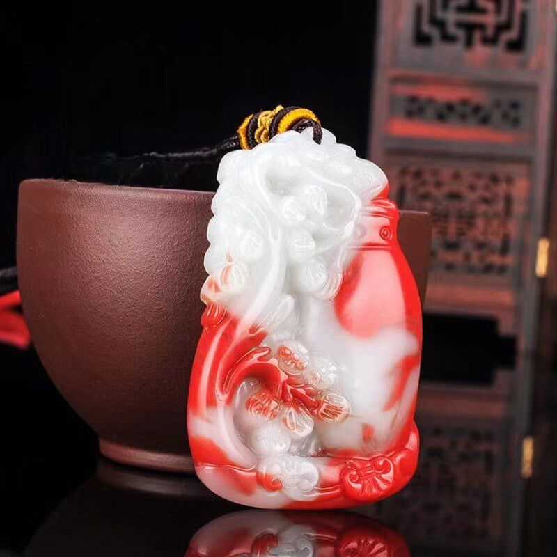 新疆和田碧玉花开富贵吊坠男女款简约外蒙料花瓶鸡血石玉坠挂饰品