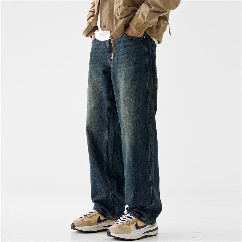 吾一白秋冬新款男生美式加绒宽松直筒水洗休闲牛仔裤男士潮流裤子