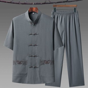 中老年爷爷汉服爸爸中国风男装 唐装 夏装 套装 老年人衣服 男冰丝短袖