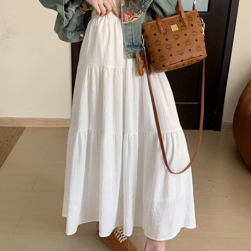 纯欲高腰显瘦垂感白色半身裙春季新款百搭拼接蛋糕裙仙女风长裙子