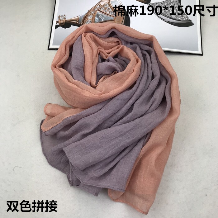 春秋冬新款双色拼接棉麻围巾女超长披肩两用撞色百搭韩版文艺丝巾