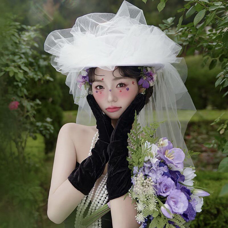 新款新娘法式抓纱蓬蓬帽子复古头纱旅拍样片头饰森系结婚拍照写真