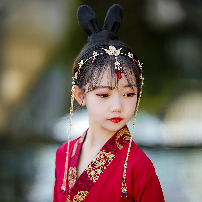 女童红色汉服凤冠眉心坠头饰过年红流苏发冠面帘套装儿童水滴额饰