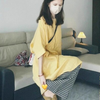 日系浅黄色复古连衣裙宽松叠穿小众设计感小个子松弛感慵懒风套装