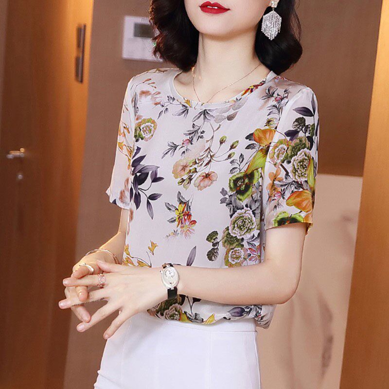 短袖T恤女夏季新款宽松小衫复古印花气质民族风凉爽年轻妈妈上衣