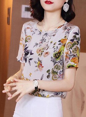 短袖T恤女夏季新款宽松小衫复古印花气质民族风凉爽年轻妈妈上衣