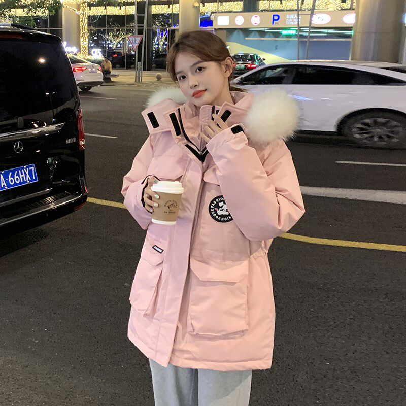 羽绒棉服女2023年冬季新款韩版加厚连帽毛领工装棉衣学生外套棉袄