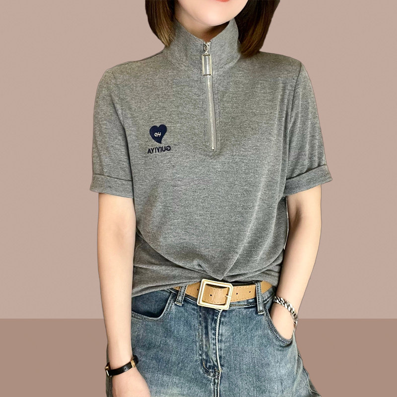 2025夏新款女士纯棉短袖t恤短款上衣半拉链洋气减龄小衫时尚体恤
