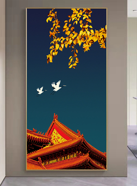 国潮装饰画中国红明清古典玄关走廊过道壁画新中式风花鸟建筑挂画
